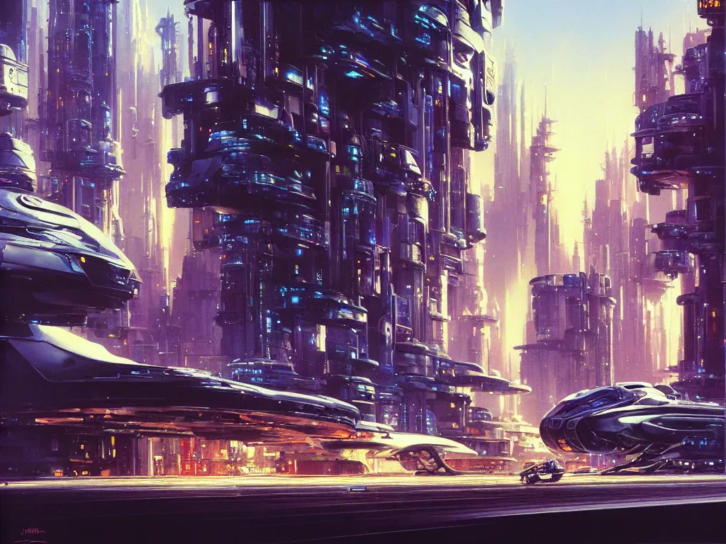 Prompt: hyperrealistic painting of a slice of life from a futuristic city, mechanical designs, futuristic vehicles, high - tech, night, elegant, cinematic, cyberpunk style, octane, highly detailed!, intricate, acrylic on canvas, 8 k resolution, concept art, by john berkey, moebius