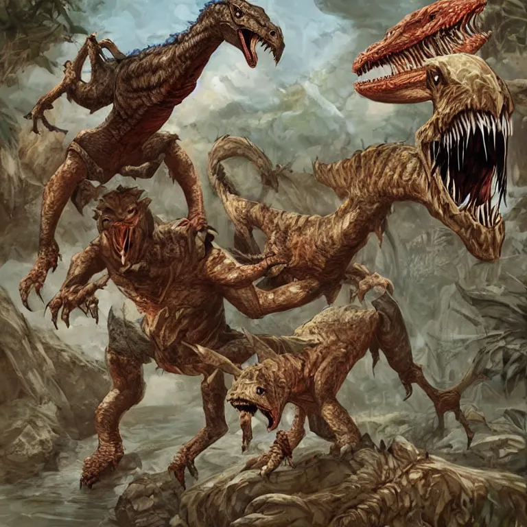 Image similar to a human d & d barbarian being attacked by a fantasy velociraptor, rpg book illustration