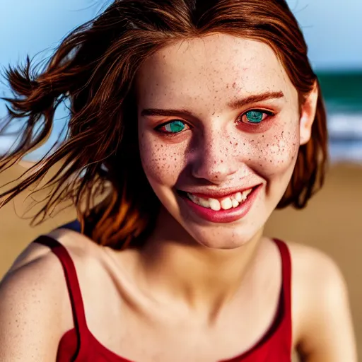 Image similar to portrait of a cute thin young woman, bronze brown hair, emerald green eye color, red blush, cute freckles, smug smile, modern clothes, relaxing on the beach, golden hour, close up shot, 8 k, art by irakli nadar, hyperrealism, hyperdetailed, ultra realistic