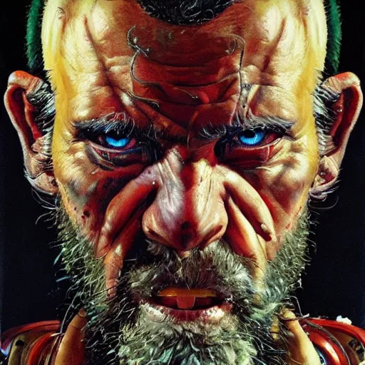 Image similar to cyberpunk orcs, rule of thirds, cinematic lighting, by chuck close, by norman rockwell, hyperrealistic photorealism acrylic on canvas, hyper detailed, mohawk.