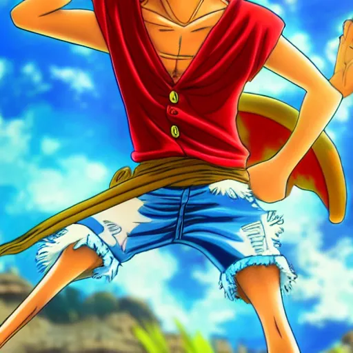 Image similar to monkey d luffy from one piece, 4 k hd, over saturated, bright colours,