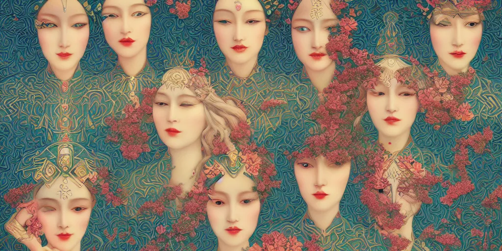 Prompt: breathtaking detailed concept art painting art deco pattern of blonde faces goddesses by hsiao - ron cheng, amalgamation flowers, bizarre compositions, kaleidoscope, exquisite detail, 8 k