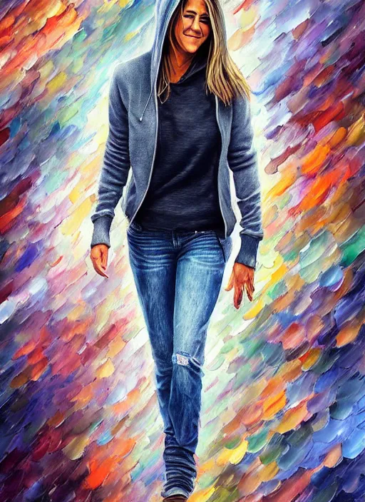 Image similar to jennifer aniston, gray hoodie, jeans, half body shot, path traced, highly detailed, high quality, digital painting, alena aenami, leonid afremov, lilia alvarado, shinji aramaki, karol bak, alphonse mucha, tom bagshaw