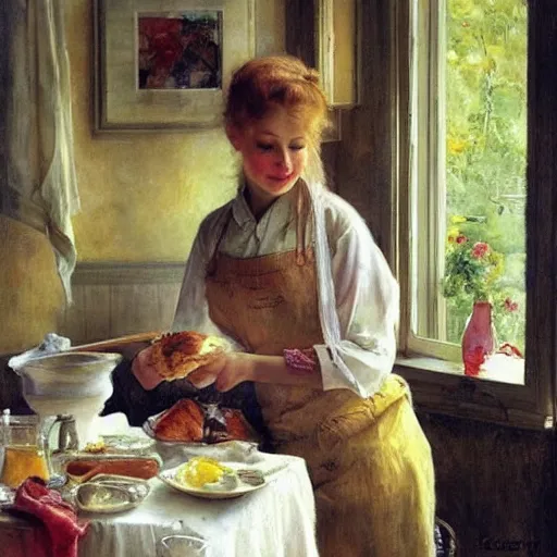 Prompt: beautiful blonde woman making breakfast morning painting volegov carl larsson