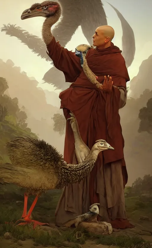 Prompt: male monk petting an undead emu, d & d, fantasy, intricate, highly detailed, digital painting, artstation, octane render, concept art, matte, sharp focus, illustration, hearthstone, art by artgerm and greg rutkowski and alphonse mucha