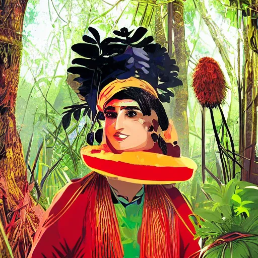 Image similar to a petros afshar of reimu in the jungle wearing bonnet