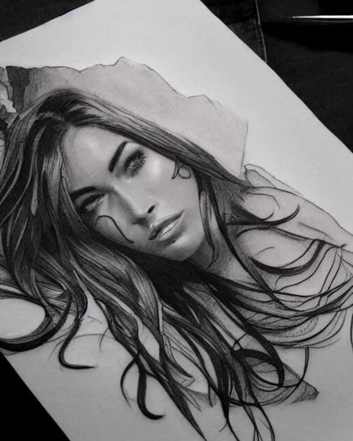 Image similar to tattoo design sketch of megan fox with beautiful mountain scenery, in the style of dan mountford, double exposure effect, hyper realistic, amazing detail