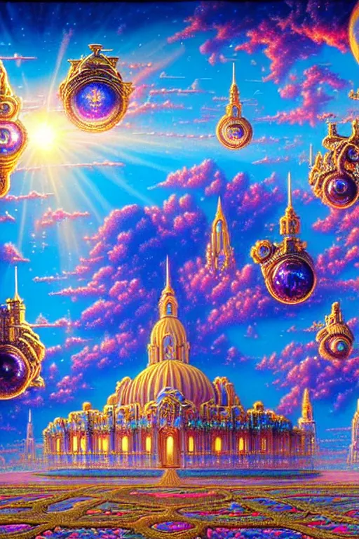 Prompt: a photorealistic detailed cinematic image of a beautiful vibrant iridescent future for human evolution, spiritual science, divinity, utopian, cumulus clouds, ornate architecture, isometric palace, ornate intricate embellished kingdom. visionary art fantasy jewels and diamonds, by david a. hardy, kinkade, lisa frank, wpa, public works mural, socialist