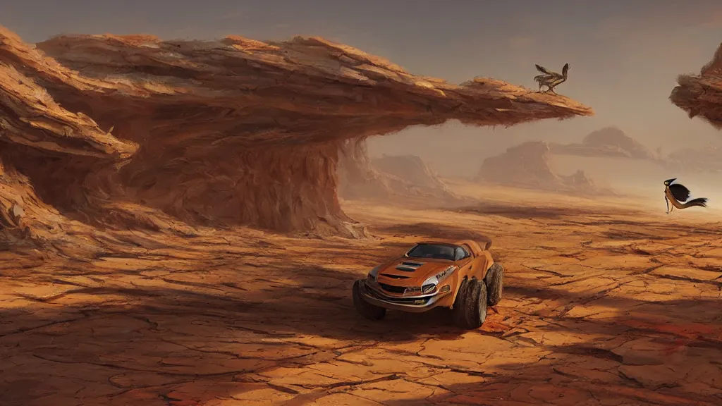 Image similar to wile e coyote chasing roadrunner across the open sand, karst landscape desert, wide shot, concept art by greg rutkowski