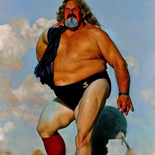 Prompt: upper body portrait of wrestler giant haystacks, by norman rockwell and boris vallejo