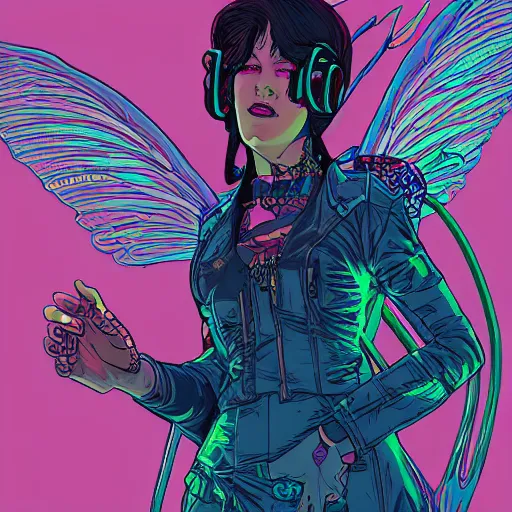 Image similar to Portrait of a cyberpunk fairy wearing cyberpunk clothes, fairy wings, retrowave, trending on artstation, very detailed, realistic, by Moebius, Laurie Greasley, Alphonse Mucha