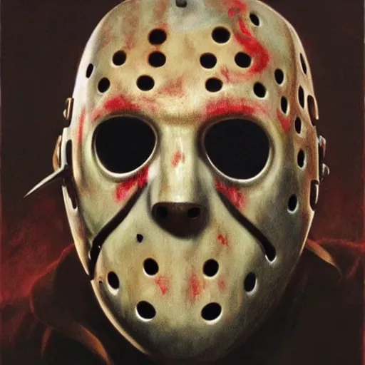 Image similar to ultra realistic portrait painting of jason voorhees, art by frank frazetta, 4 k, ultra realistic, highly detailed, epic lighting