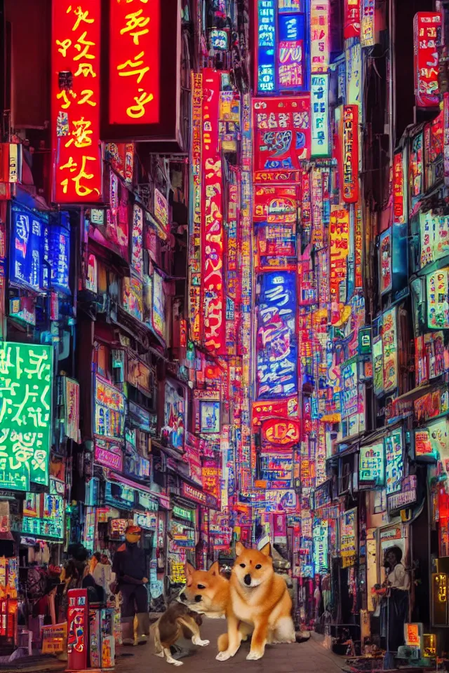 Image similar to a portrait of a shiba inu wondering the streets of tokyo, neon market street signs, cyberpunk, hyperrealistic, highly detailed, 8 k