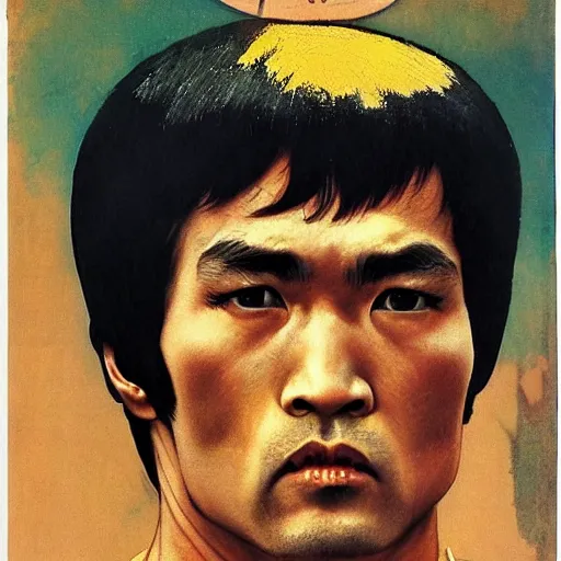 Image similar to Frontal portrait of an angry Bruce Lee. A portrait by Norman Rockwell.