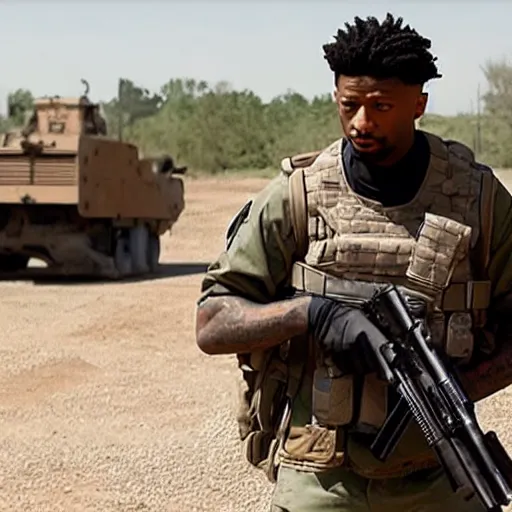 Prompt: film still with 2 1 savage from the hurt locker