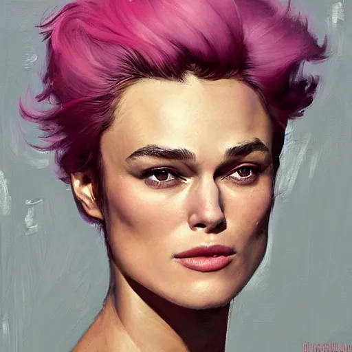 Image similar to greg manchess portrait painting of confident keira knightley with pink hair as beautiful thick female bodybuilder zarya from overwatch, medium shot, asymmetrical, profile picture, organic painting, sunny day, matte painting, bold shapes, hard edges, street art, trending on artstation, by huang guangjian and gil elvgren and sachin teng