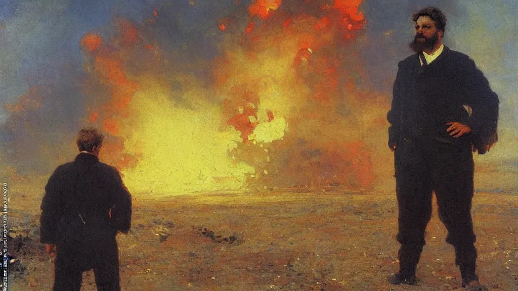 Image similar to high quality high detail painting by ilya repin, man standing in front of huge explosion, hd