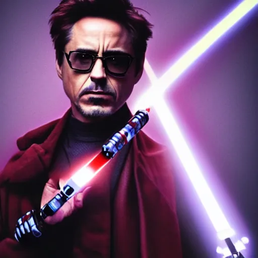 Prompt: Robert Downey Jr holding a lightsaber dramatically, 4k, very detailed, backlit