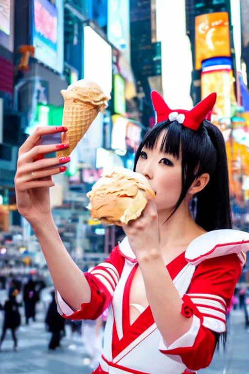Image similar to Beautiful Japanese Woman in Sailor Moon costume eating an ice-cream cone, standing for a selfie, New York Time Square, high detail, ultra-realistic