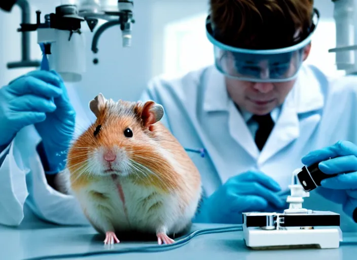 Image similar to film still of a hamster working in a research lab finding the cure for cancer, 8 k