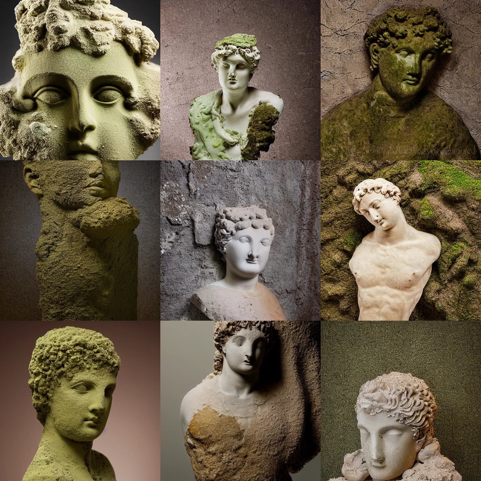 Prompt: exploding ancient greek statue, sandstone, a little mossy, studio photography