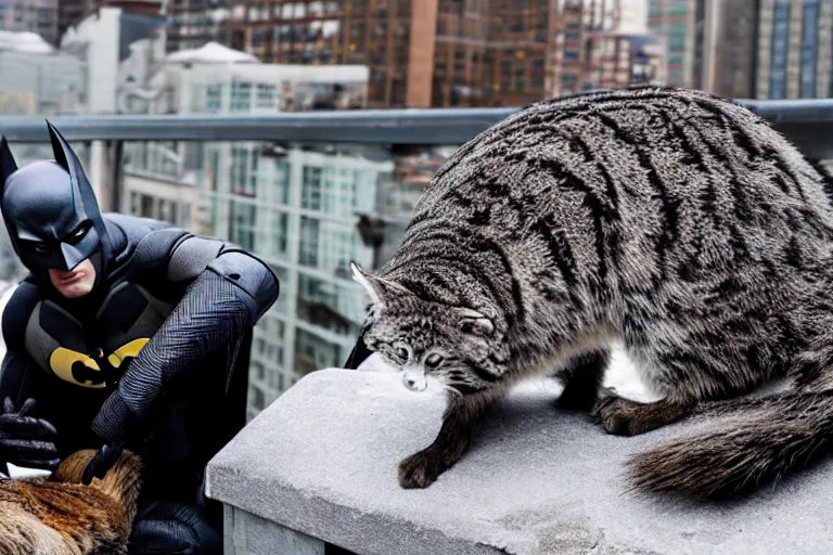 Image similar to Batman petting his Pallas cat on a rooftop, by Emmanuel Lubezki