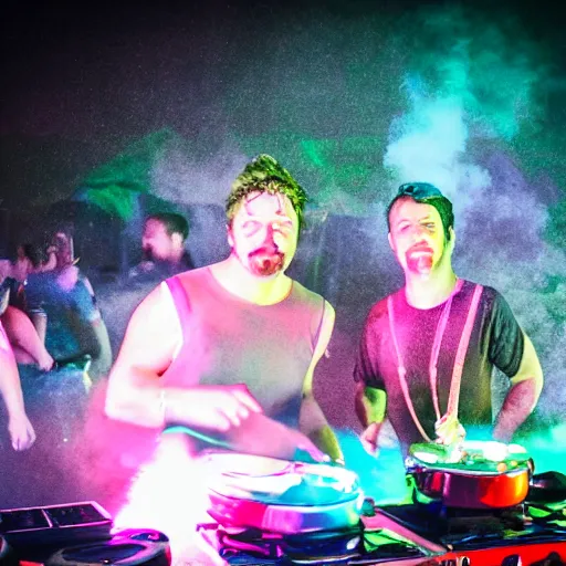 Image similar to scandy and arender, cooking it up, hot hot hot, splash, ahhhhhhh, roomies, bohemian digitals, playing a live gig at ozora festival, night time, colored lights, stroboscope, fog machine, no faces visible, huge crowd, ecstatic, photorealistic photography