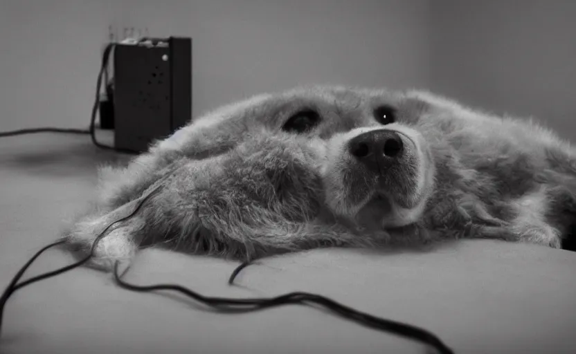 Prompt: wounded laying dog, soft fur, robotic, sad eyes, photography, wires, circuit, electricity, realistic