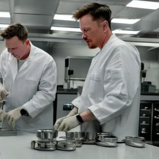 Prompt: elon musk and walter white cooking meth in a laboratory, amazing detail, detailed faces, sharp, 8k