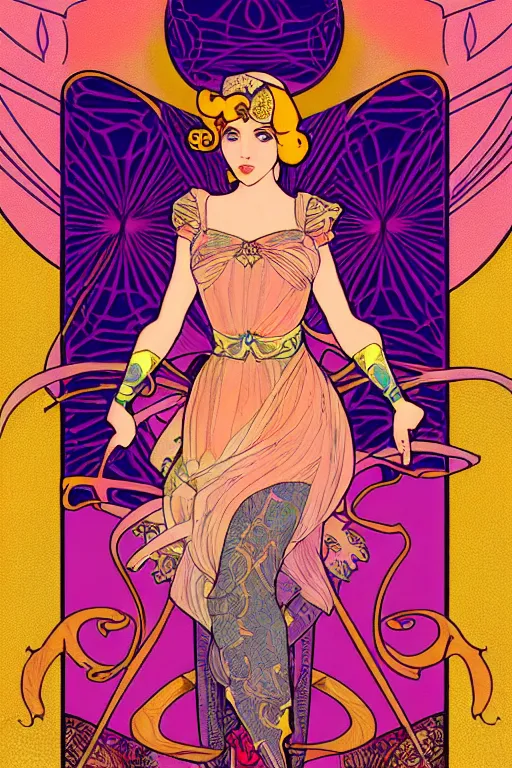 Image similar to full length painting of princess peach art nouveau, tarot card by mucha, gaudy colors, sharp edges, octane render, intricate linework.