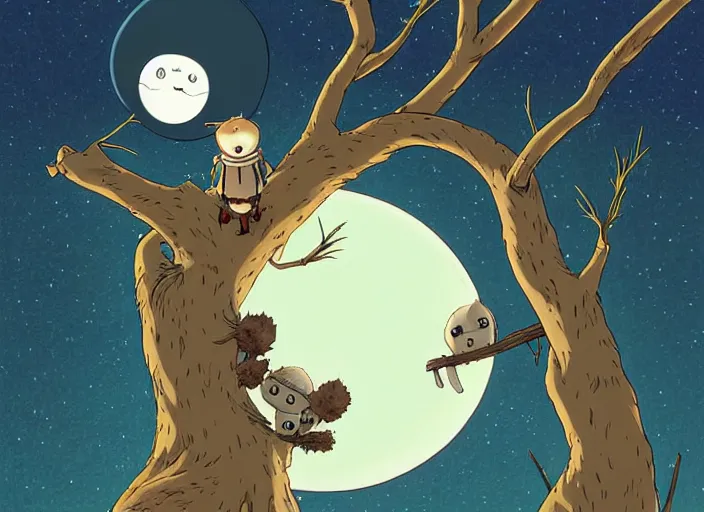 Prompt: a cell shaded cartoon of an adorable mechanized sloth from howl's moving castle ( 2 0 0 4 ), hanging on a tree branch, in front of a pale full moon, full body, wide shot, very dull muted colors, studio ghibli, laurie greasley, highly detailed, deviantart, art by artgem