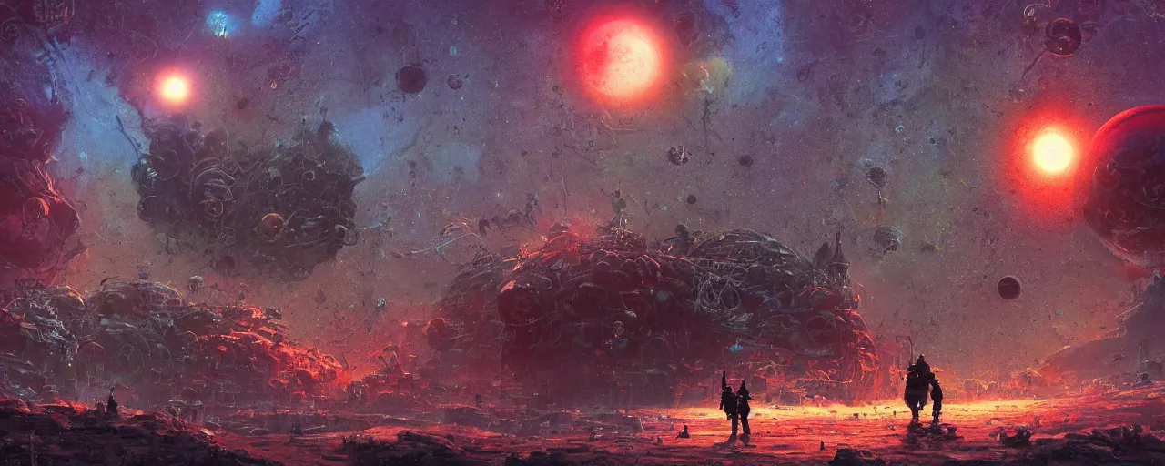 Image similar to ” planet and moons made of blood and rats, [ bubbles, by paul lehr, cinematic, detailed, epic, widescreen, opening, establishing, mattepainting, photorealistic, realistic textures, octane render ] ”