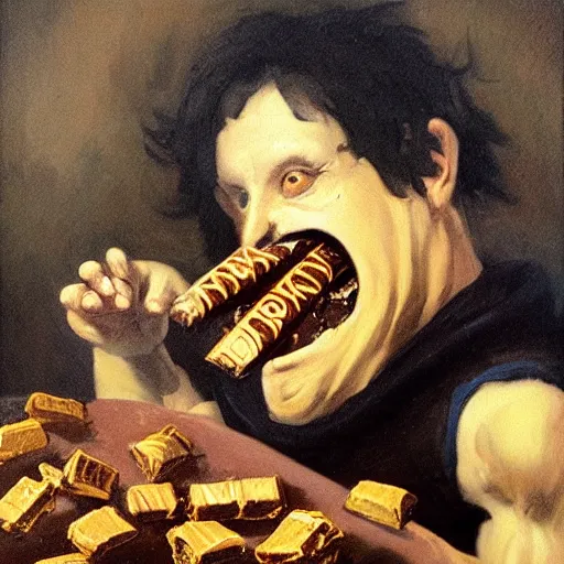 Image similar to saturn devouring a snickers chocolate bar, goya painting, in the style of goya and greg rutkowski, in the style of black paintings, 8 k, highly realistic