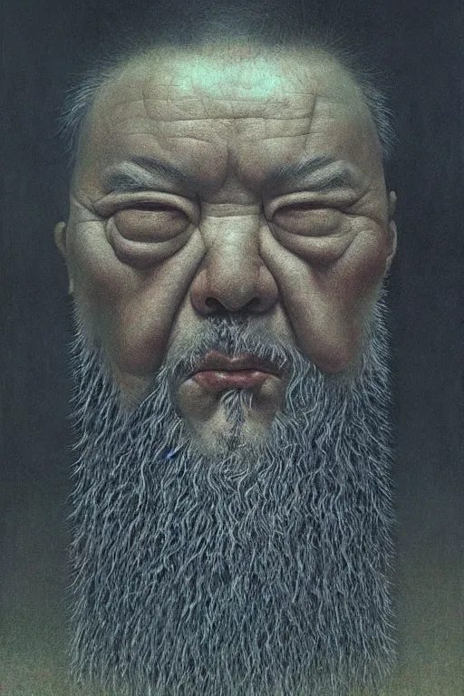 Image similar to ascii, hyperrealism oil painting, portrait scary ai weiwei style zdzislaw beksinski