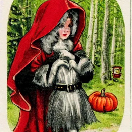 Image similar to little red riding hood wearing a luxurious fur coat with a wolf head hood, vintage Halloween postcard