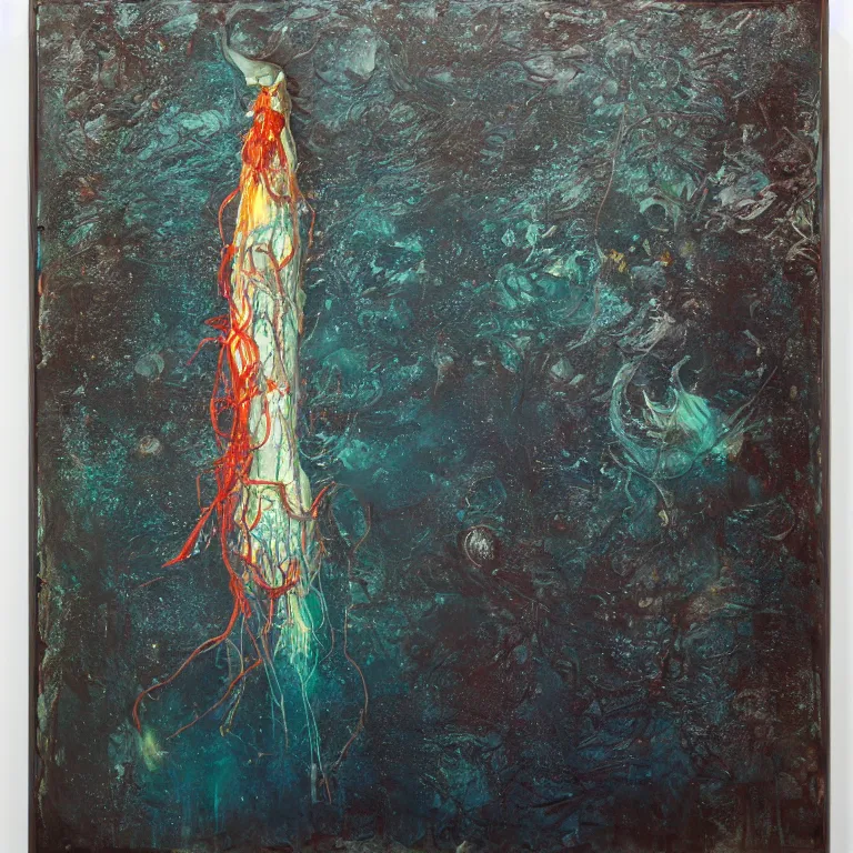 Prompt: Hyperrealistic Studio wet collodion Photograph portrait of a deep sea Vampire squid deep underwater in darkness, award-winning nature deep sea expressionistic impasto oil painting by Cy Twombly and Tim Hawkinson vivid colors hyperrealism 8k