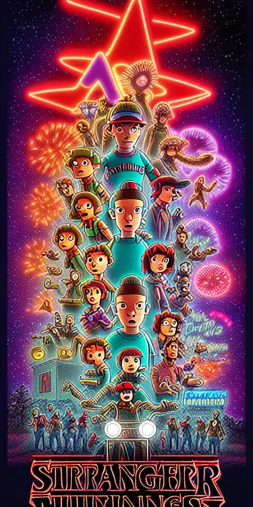 Image similar to animated version of Futurama Stranger Things poster by Matt Groening, cartoon, detailed faces, high resolution, hyper detailed, intricate, illustrated, dramatic lighting !n-9