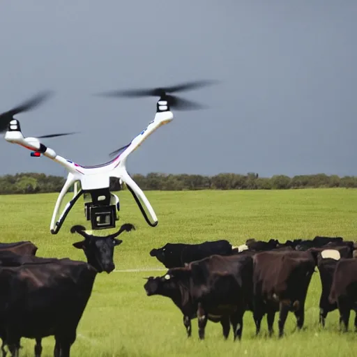 Prompt: a uav with it own shaddow is watching a large group of hucows