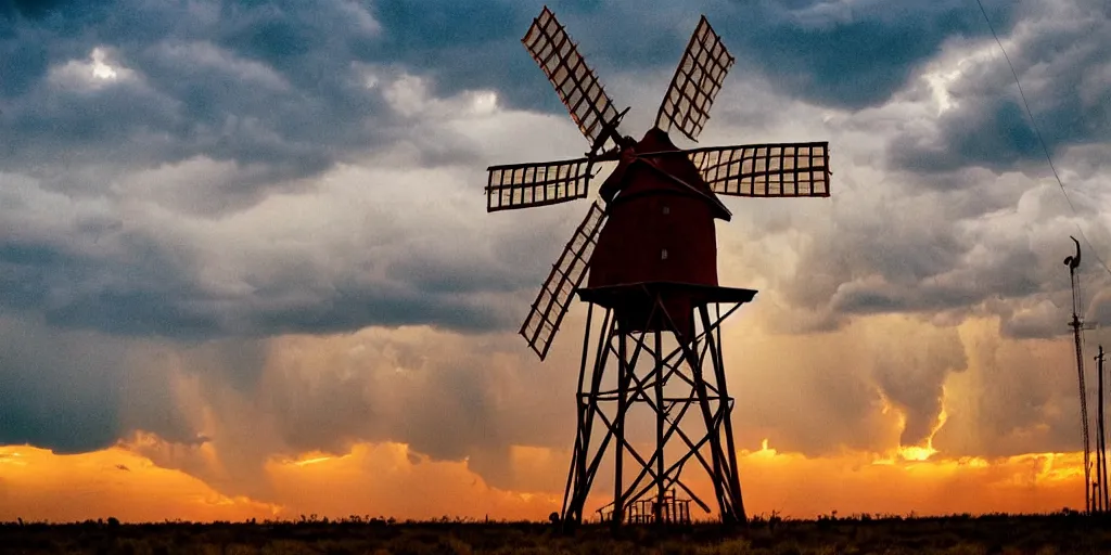 Image similar to photo of a stormy west texas sunset, perfect rustic windmill, film photo, lightning, golden hour, high quality, beautiful!!!