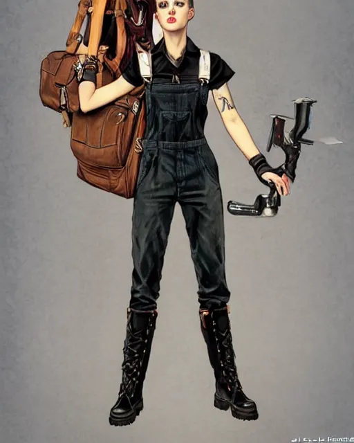 Prompt: a full body portrait of a beautiful androgynous punk girl with short hair and beautiful eyes, beautiful face, wearing tall combat boots, who is a mechanic wearing overalls carrying a bag, digital concept art, detailed digital painting, by j. c. leyendecker and edward blair leighton and charlie bowater, trending on artstation