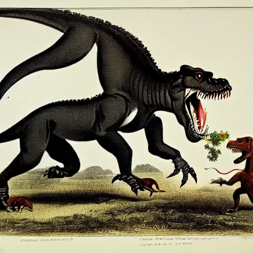 Image similar to antique lithograph from 1 8 0 0 of tyrannosaurus rex feeding his pet dog, running in a field