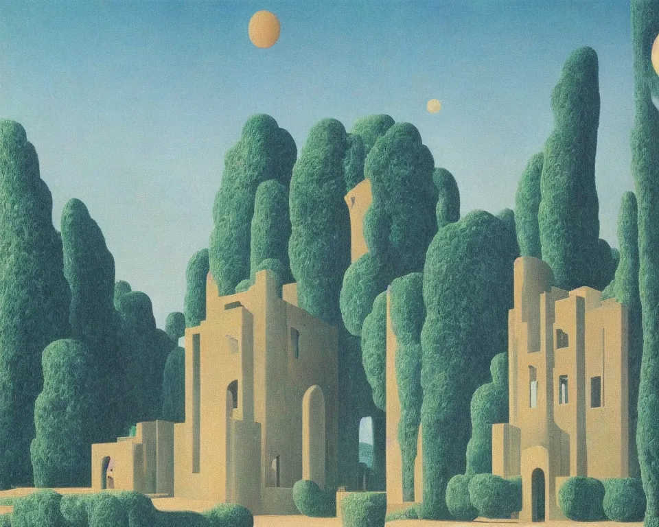 Prompt: an enchanting cosmic château hidden in the desert time forgot by Rene Magritte and Giovanni Paolo Panini.