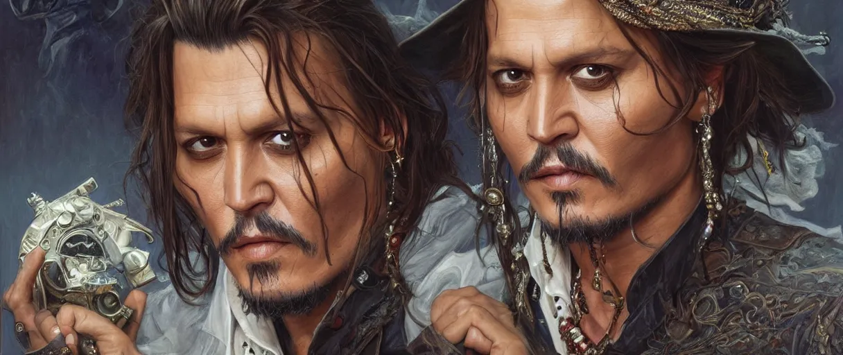 Prompt: portrait of johnny depp as a heroine staring into the camera, artstation, intricate, elegant, highly detailed, art by Donato Giancola, Joseph Christian Leyendecker, WLOP, Boris Vallejo, Artgerm