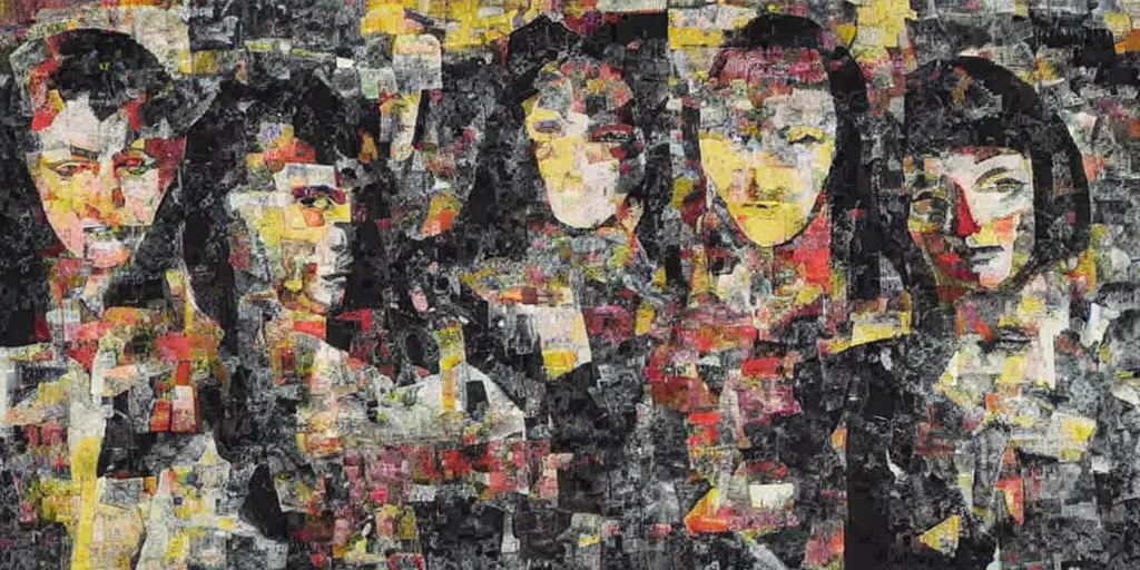 Prompt: portrait of three women, paper collage, mimmo rotella.