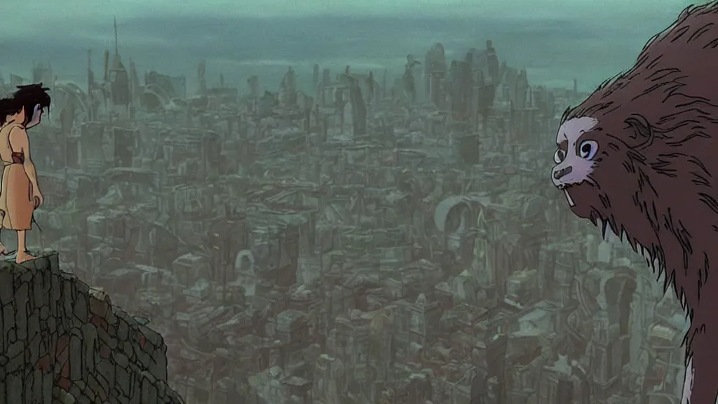 Image similar to a cell shaded cartoon movie still from princess mononoke ( 1 9 9 7 ) showing a lovecraftian monster from independence day ( 1 9 9 6 ) in the air above a city. very dull muted colors, hd, 4 k, hq