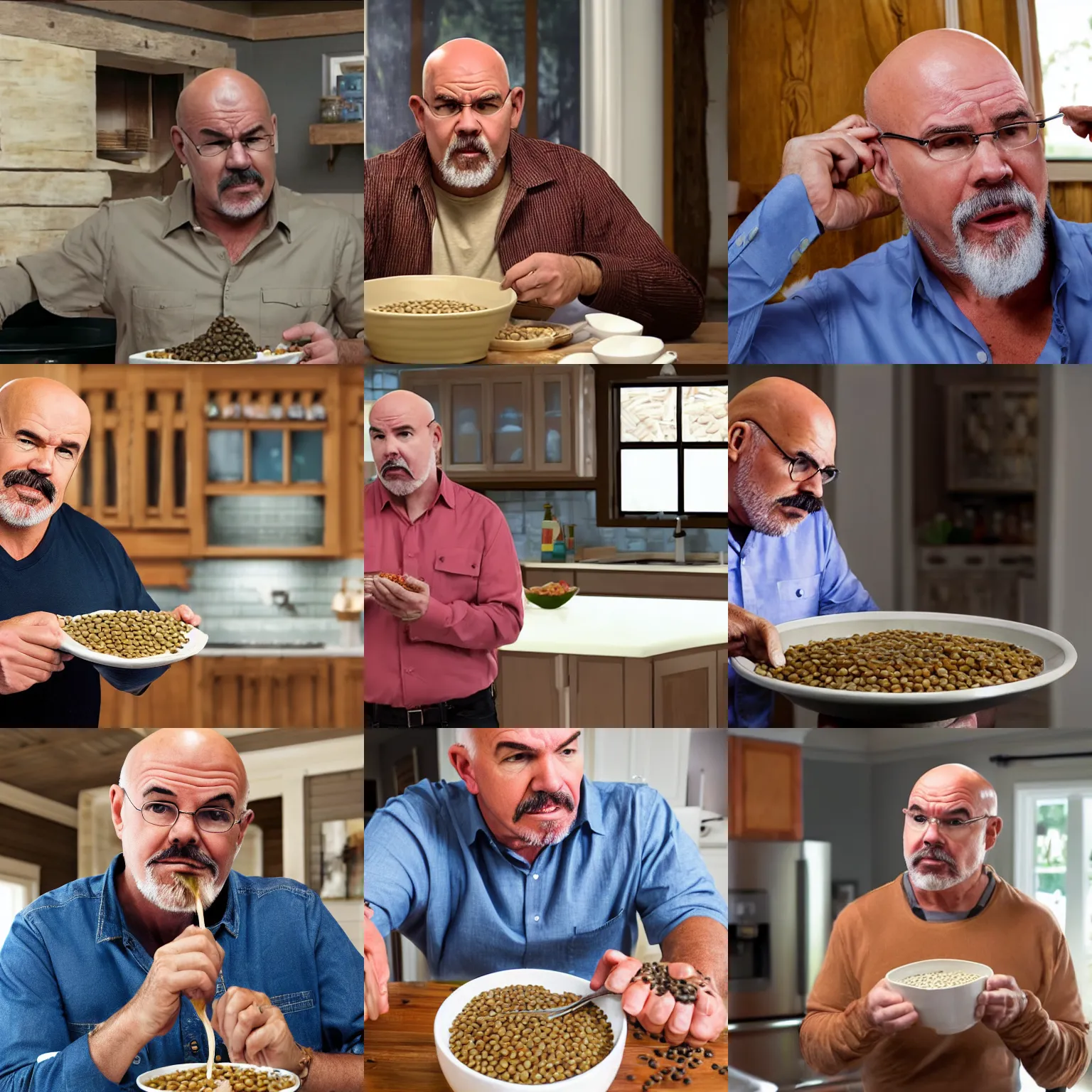 Prompt: Dave Ramsey unhappily eating a bowl of cooked lentils in his poor house, realistic, 4k, wide shot, detailed,