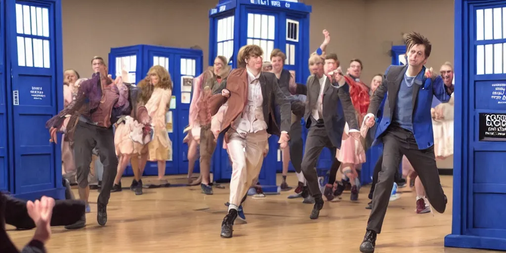 Prompt: promotional image of David Tennant as Doctor Who at a polka dancing contest at the YMCA basketball gym, everyone in the background all the enemies are clapping, in the background the Tardis door is wide open, movie still, promotional image, imax 70 mm footage, HDR, cinematic