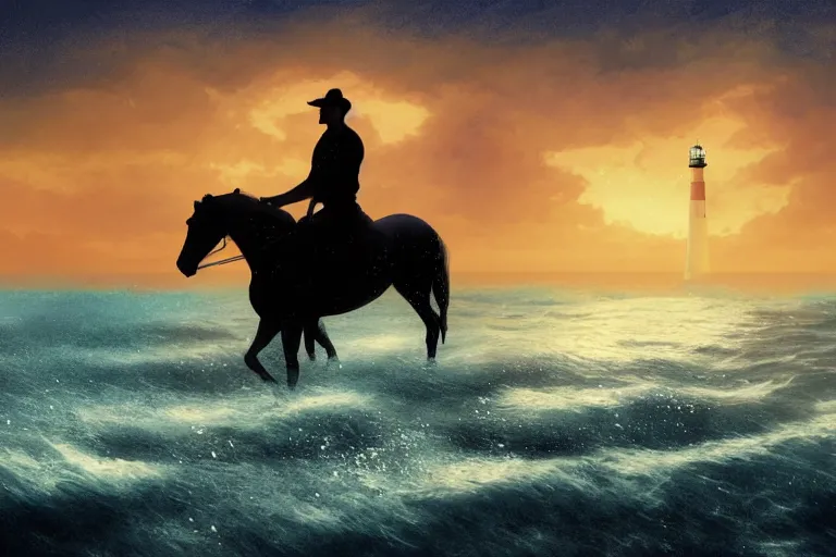 Image similar to photo of man riding a horse along the beach, glowing underwater waves toward a lighthouse in the distance guiding his way, silhouette, wide horizon, large white clouds, seagulls, night, intricate, elegant, highly detailed, digital painting, artstation, concept art, smooth, sharp focus, illustration, rule of thirds art by artgerm and greg rutkowski and fra angelico