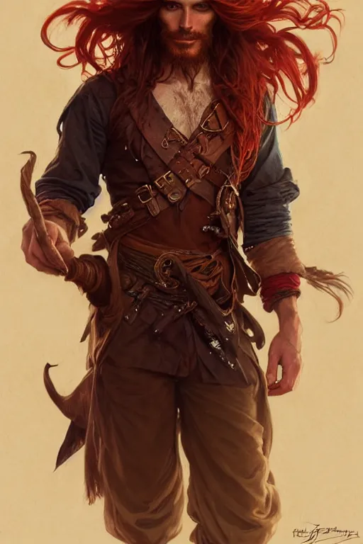 Prompt: portrait of a young ruggedly handsome but joyful pirate, male, masculine, full body, red hair, waist long hair, fantasy, intricate, elegant, highly detailed, digital painting, artstation, concept art, matte, sharp focus, illustration, art by artgerm and greg rutkowski and alphonse mucha