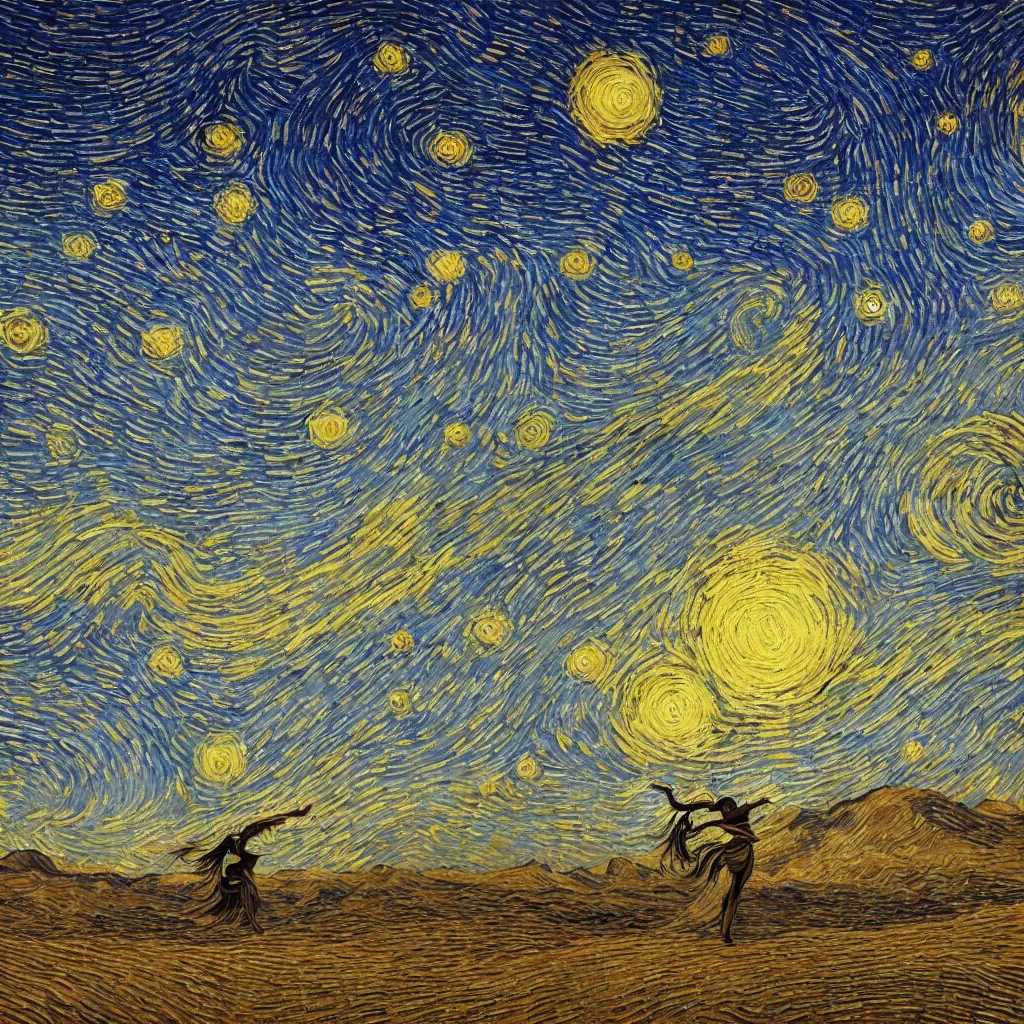 Prompt: goddess dancing in the desert, surreal, unreal engine, intricate, highly detailed, digital painting, trending on artstation, concept art, smooth and sharp focus, illustration, in the style of starry night by vincent van gogh